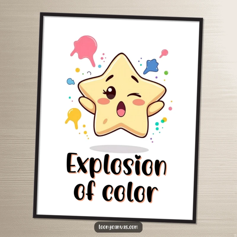 Funny poster illustrating a surprised star character winking while juggling vibrant paint splatters, adding cheerful artistic humor to any room.
