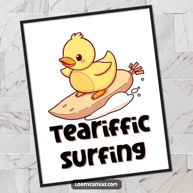 Funny poster art of a playful rubber ducky character surfing on a teabag, bringing whimsical water adventure and humor.