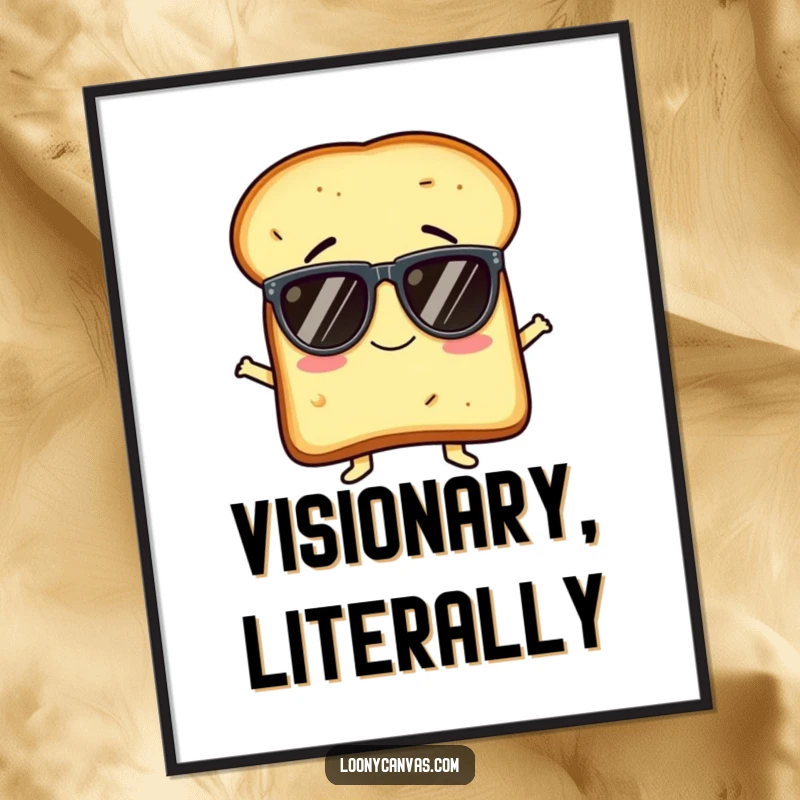 Funny poster print of a giggling slice of toast character comically donning oversized sunglasses indoors, radiating joyful silliness.