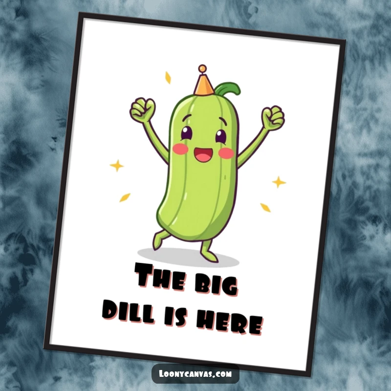 Funny poster art of a triumphant pickle character performing an energetic victory dance, radiating pure joy and success.