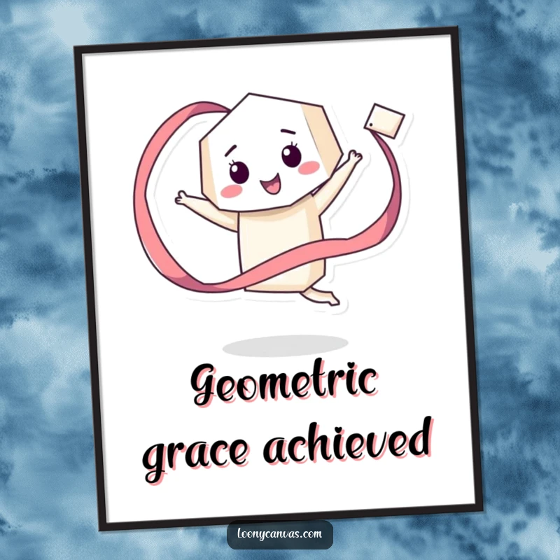 Funny poster illustrating a giddy geometric character happily twirling a long, flowing ribbon, adding joyful dance and artistic flair.