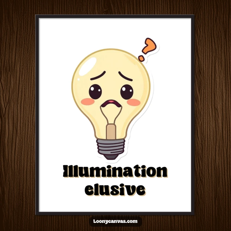 Funny confused lightbulb poster, a character with a question mark, symbolizing uncertainty and intellectual curiosity, for humorous wall art.