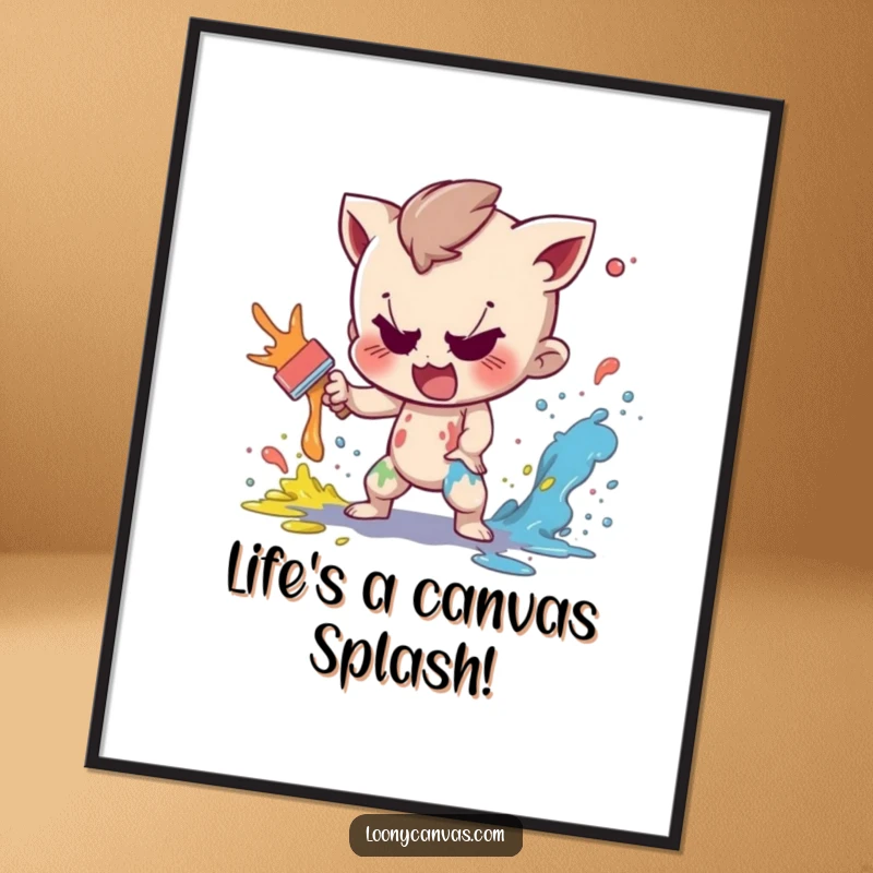 Funny art poster of a mischievous character playfully splattering paint, adding a splash of humor and color.