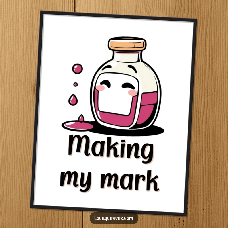 Funny giggling ink bottle character spilling tiny drops of ink with a mischievous wink on a poster, bringing artistic humor to wall decor.