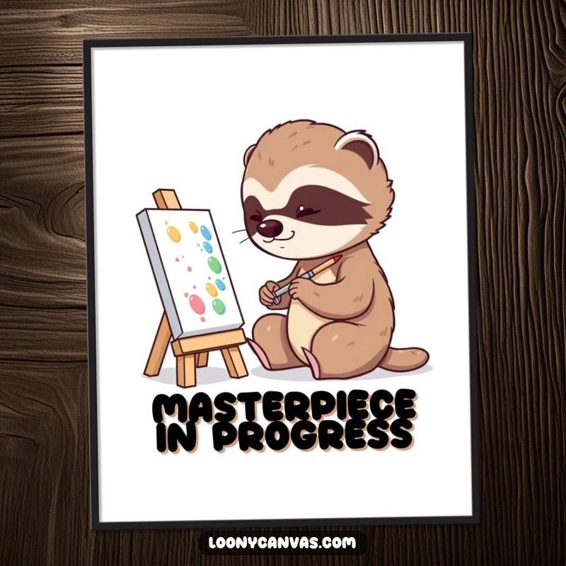 Funny playful sloth character slowly dabbing paint onto a tiny canvas on a poster, ideal for art decor.