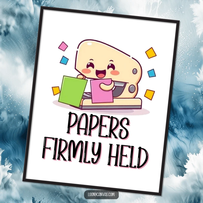 Cheerful stapler character attaching colorful paper squares, depicted as a vibrant art print.