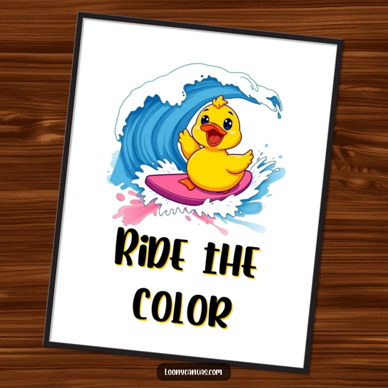 Funny kawaii excited rubber ducky surfing a vibrant paint wave on a poster, perfect for cheerful wall art and humorous gifts.