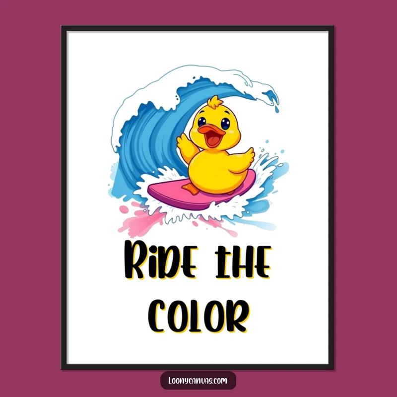Funny Kawaii Surfing Ducky Poster - Vibrant Paint Wave, Hilarious Wall Decor Gift