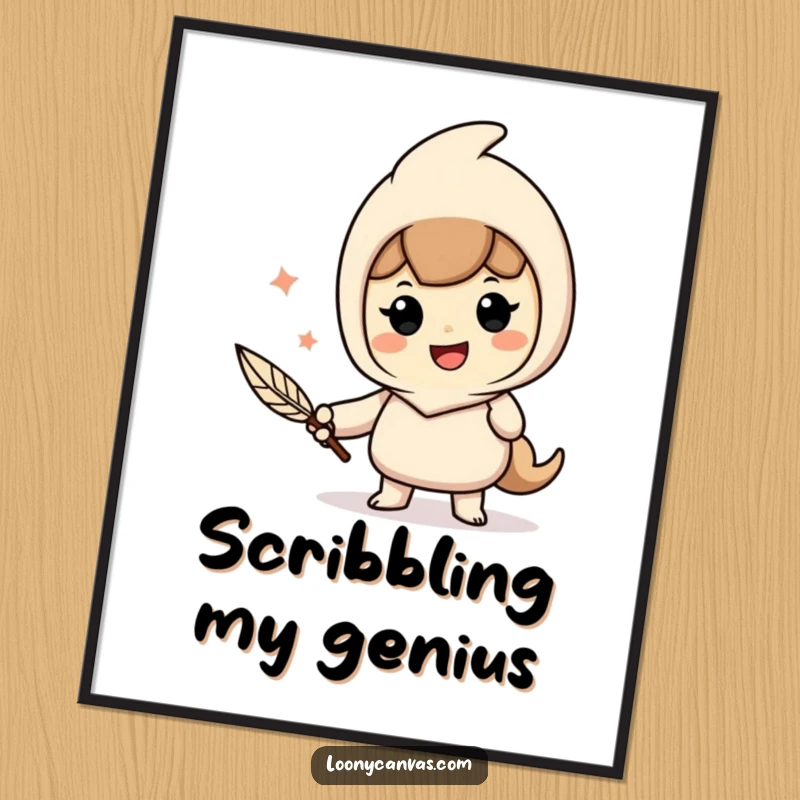 Funny poster art of a cheerful character enthusiastically writing with a quill pen, celebrating the passion for literature.