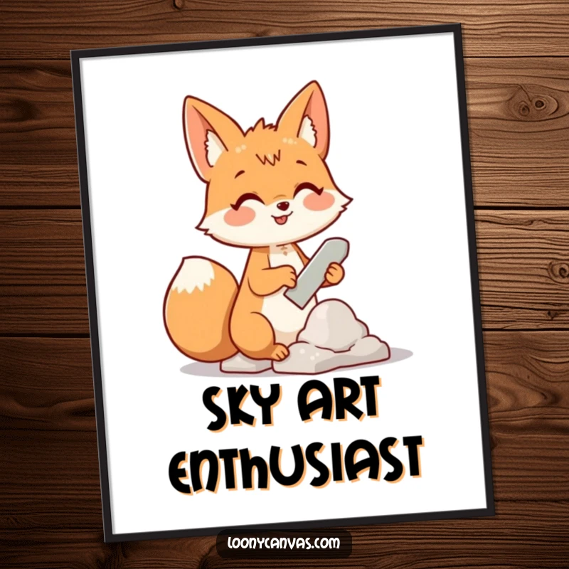 Funny poster of a cheerful fox character using a chisel to sculpt a cloud, capturing a moment of whimsical creation.