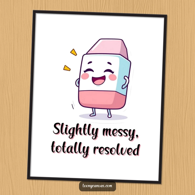 Funny poster print of a giggling eraser character enthusiastically deleting a comically oversized piece of artwork.