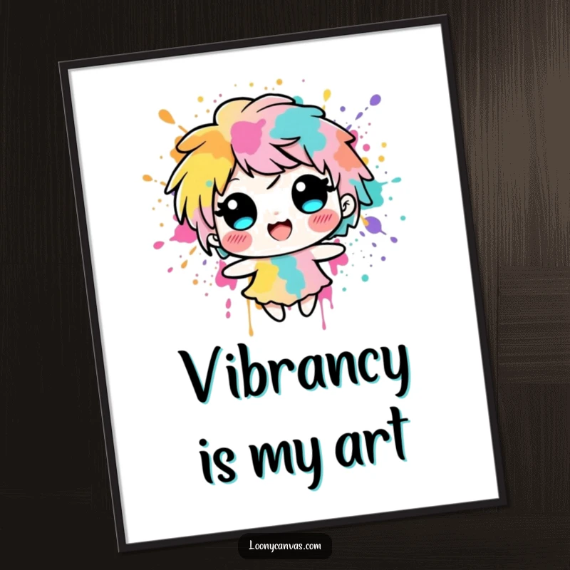 Funny delighted ink blot character splashing with vibrant colors, presented as poster art for artistic vibes.