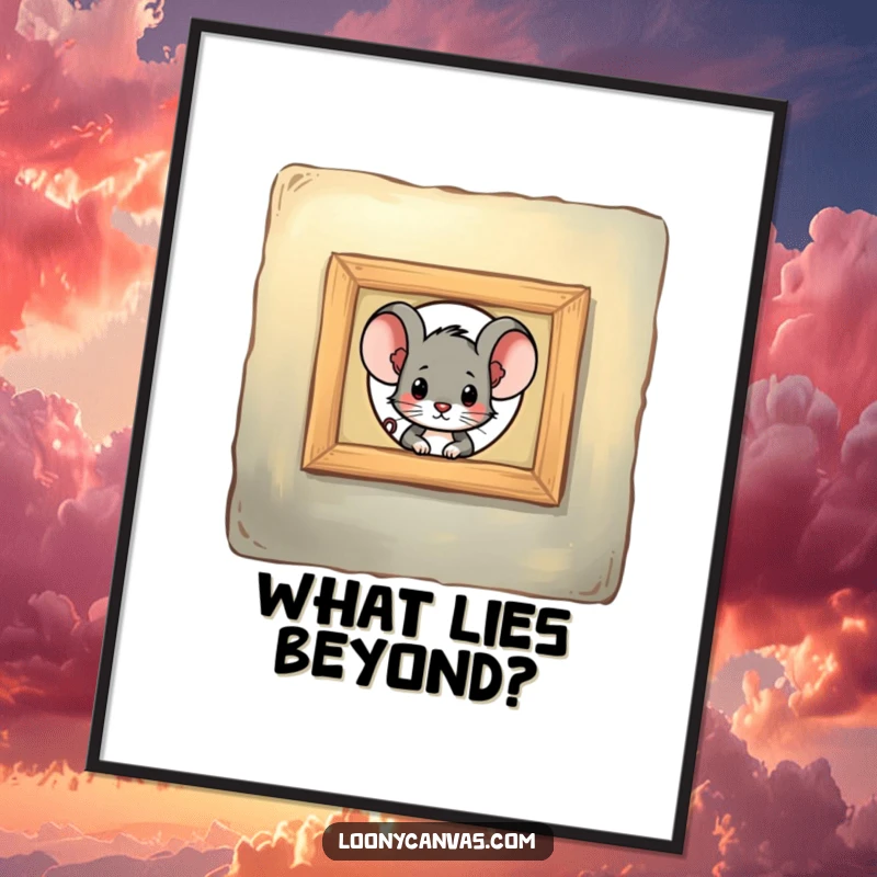 Funny mouse character peeking through a keyhole in a painting, this poster adds humor and mystery to any wall.