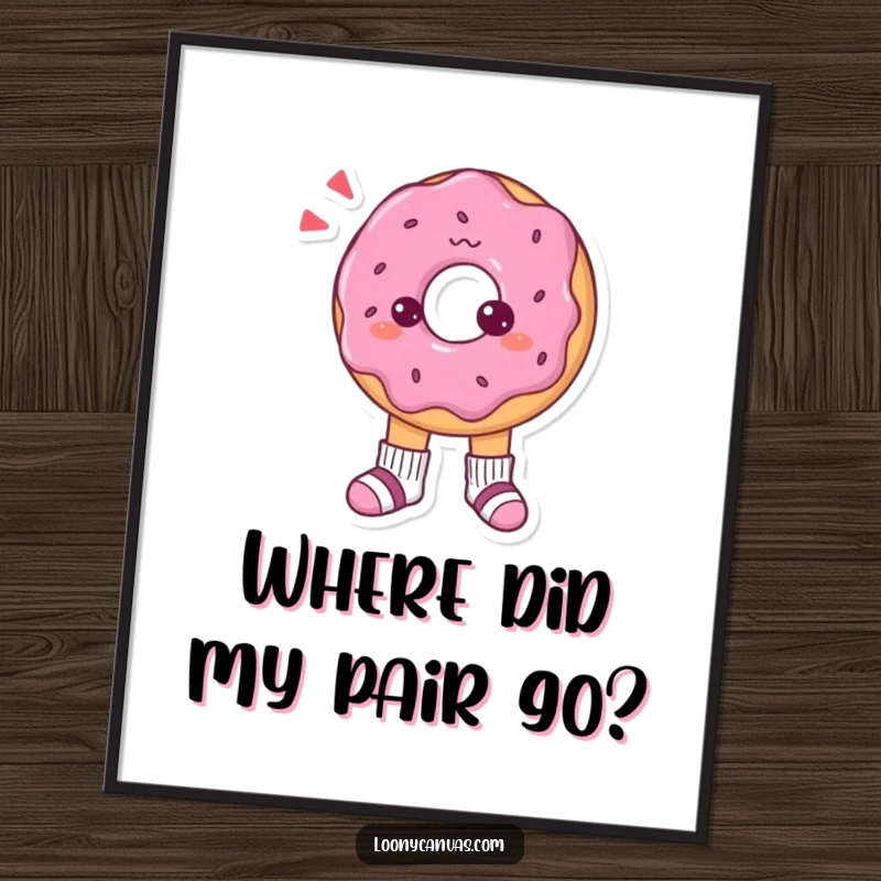 Funny poster art of a confused donut character looking down at its tiny, mismatched socks with an expression of delightful bewilderment.