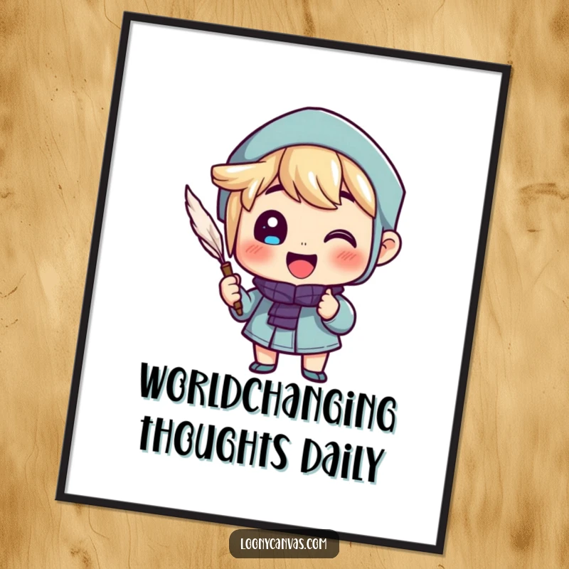 Funny inspirational poster of a cheerful character enthusiastically writing with a quill, adding a humorous artistic touch.