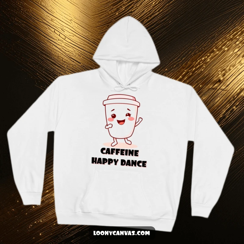Funny kawaii coffee cup character happily dancing a jig, designed for cozy comfort and a cheerful vibe. A warm and funny hoodie.