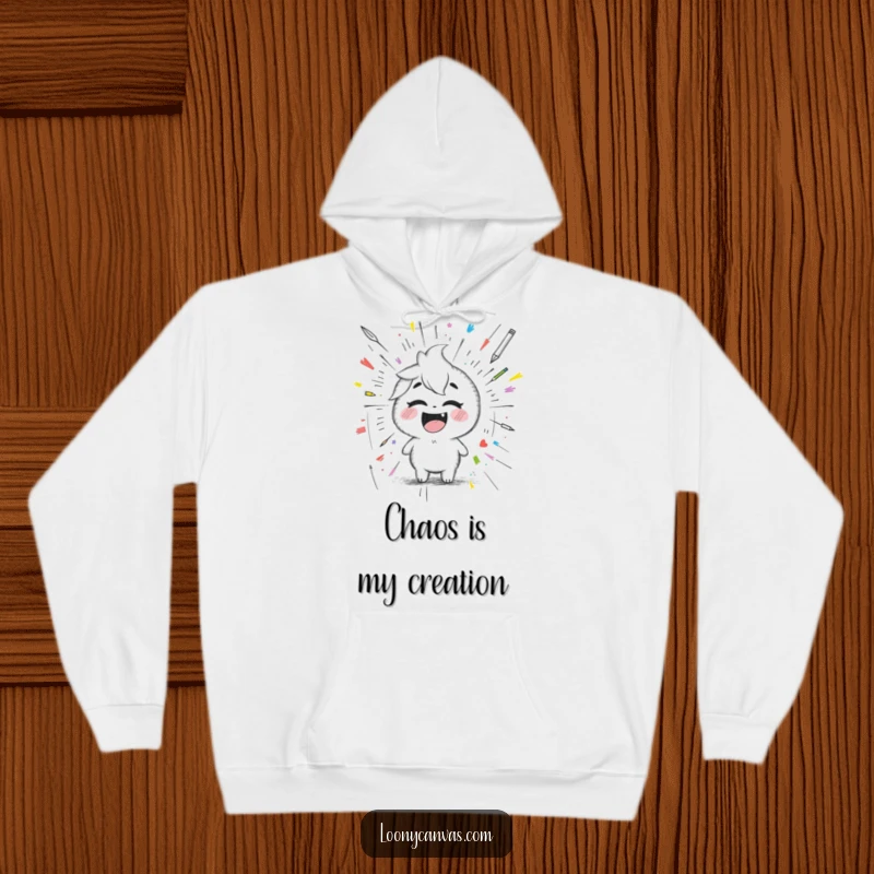 Funny giggling Kawaii pencil character drawing a chaotic scribbled masterpiece, a warm and humorous hoodie for artists.