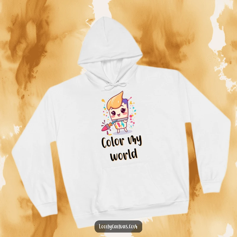 Kawaii paintbrush character in a frenzy of splattering paint, printed on a soft hoodie.
