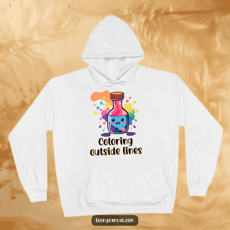 Funny hoodie depicting a happy ink bottle character generously spilling a mesmerizing rainbow of abstract patterns.