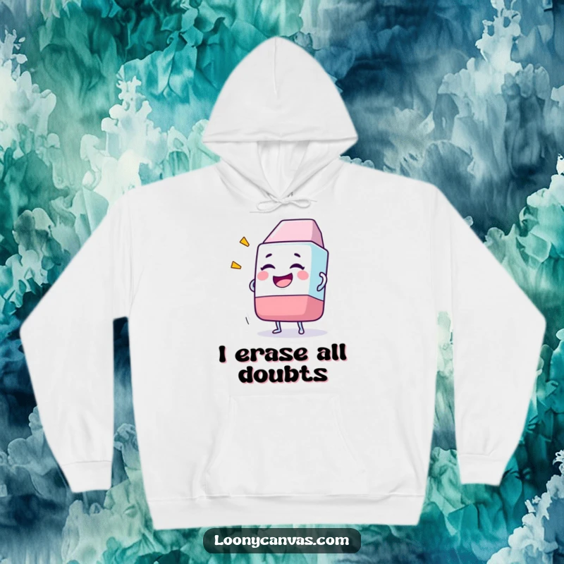 Funny hoodie depicting a joyful eraser character with a big grin, erasing a ridiculously oversized drawing.