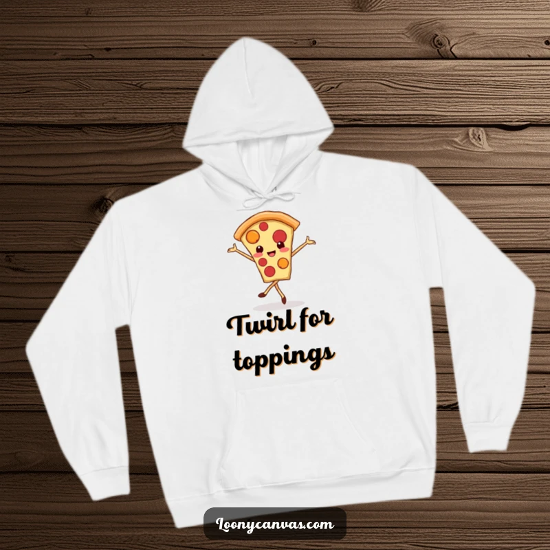 Funny kawaii pizza slice hoodie, a smiling pizza slice doing a ballet pirouette, symbolizing fun and delicious comfort.