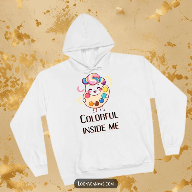 Smiling palette character holding a vibrant swirl of colors, printed on a soft hoodie.
