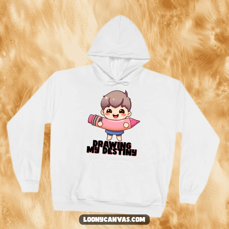 Funny giant crayon hoodie, a happy character beaming while holding an exceptionally large crayon. Cozy and artistic.