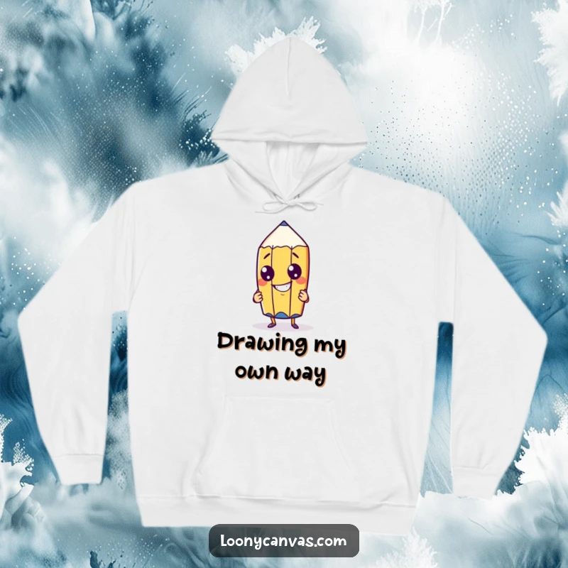 Funny cheeky pencil character with a goofy grin drawing itself on a cozy hoodie, perfect for artists seeking comfort and inspiration.