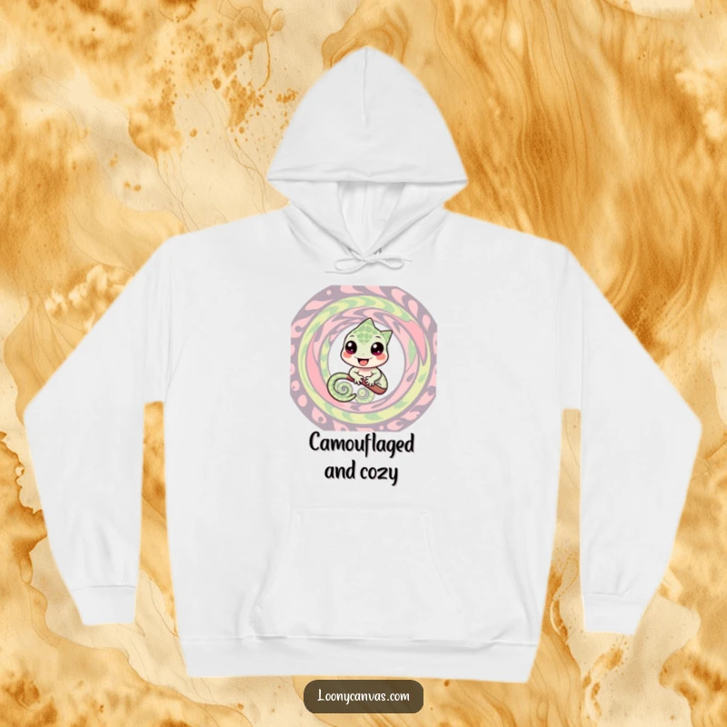 Funny hoodie with a cheerful chameleon character blending into a hypnotic swirling pattern, offering warmth and a touch of playful disguise.