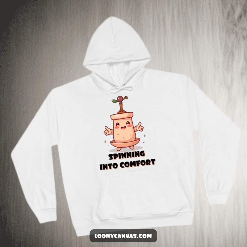 Funny hoodie with a spinning clay pot character transforming itself, offering comfort and a reminder of creative metamorphosis.