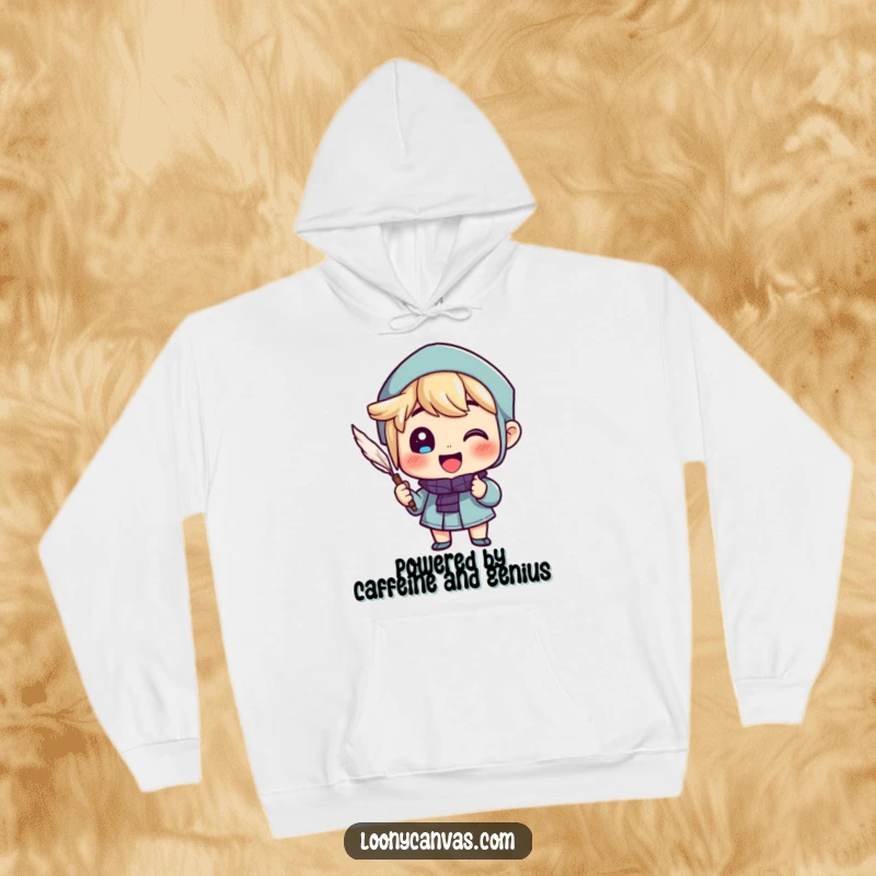 Funny hoodie featuring a cheerful character enthusiastically writing with a quill, symbolizing creative passion and comfort.