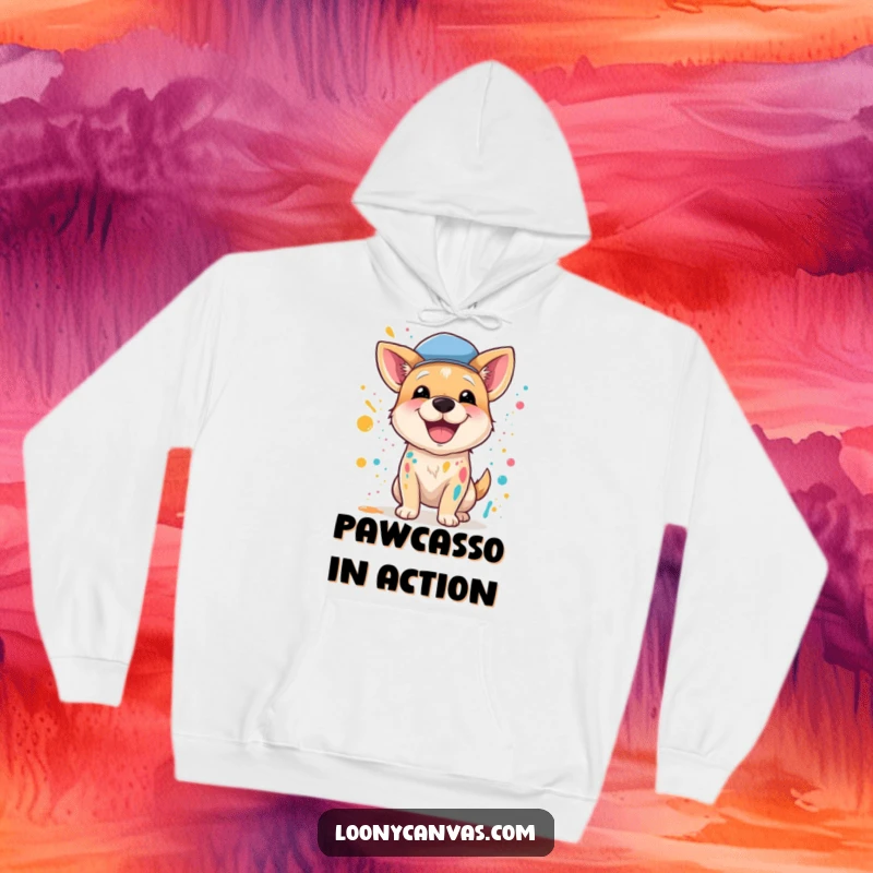 Funny hoodie depicting a joyful dog in a beret, creating abstract art by wildly splattering colorful paints.