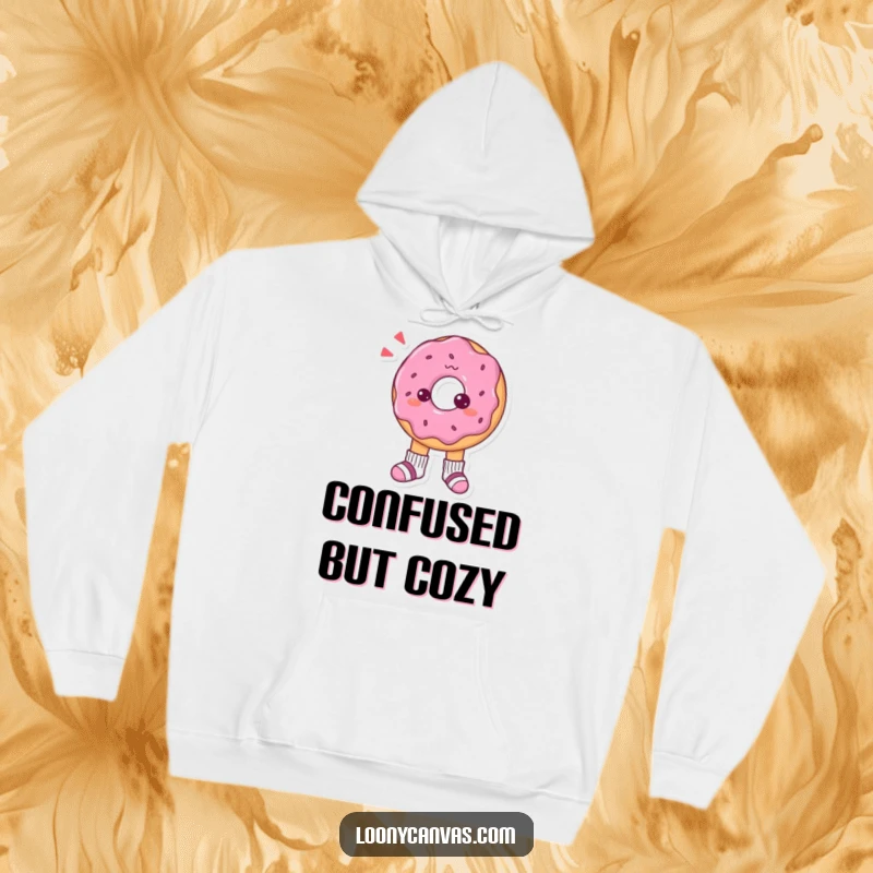 Funny hoodie featuring a confused donut character contemplating its tiny, mismatched socks, exuding a sense of adorable uncertainty.