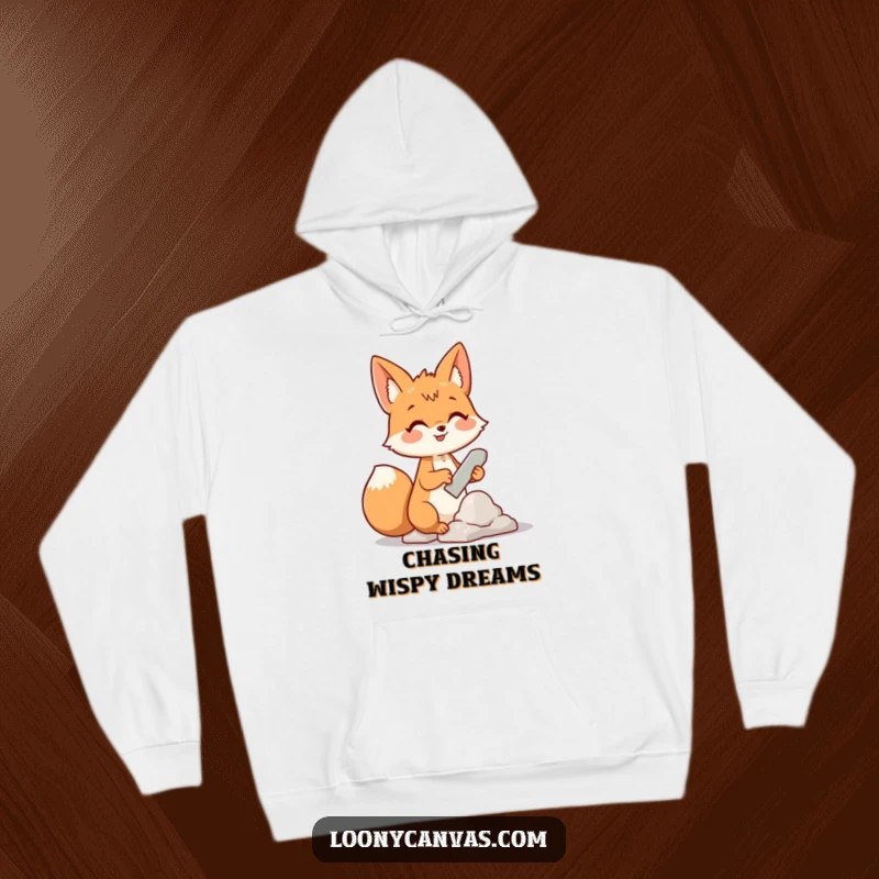 Funny hoodie with a cheerful fox character using a chisel to sculpt a cloud, embodying whimsical artistic endeavors.