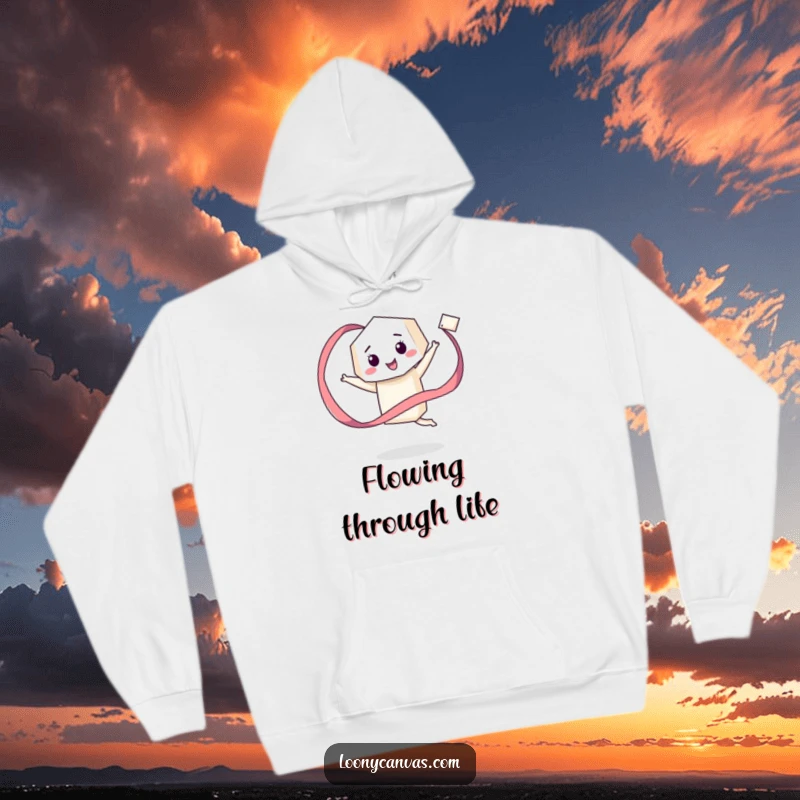 Funny hoodie depicting a giddy geometric character happily twirling a long, flowing ribbon, perfect for cozy dance sessions and happy moments.