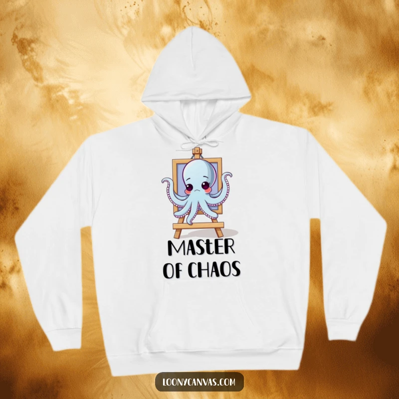 Funny goofy octopus character trying to hang a painting with all arms on a cozy hoodie, symbolizing decor challenges.