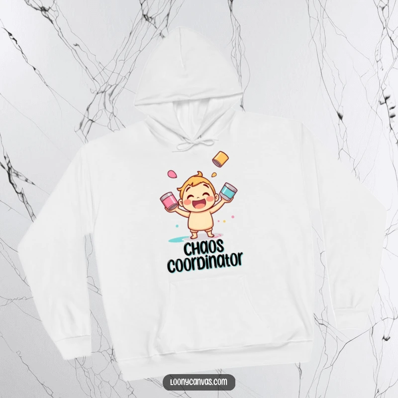 Funny juggling paint hoodie, a jolly character in motion, expertly juggling paint cans. Comfortable and artistic.