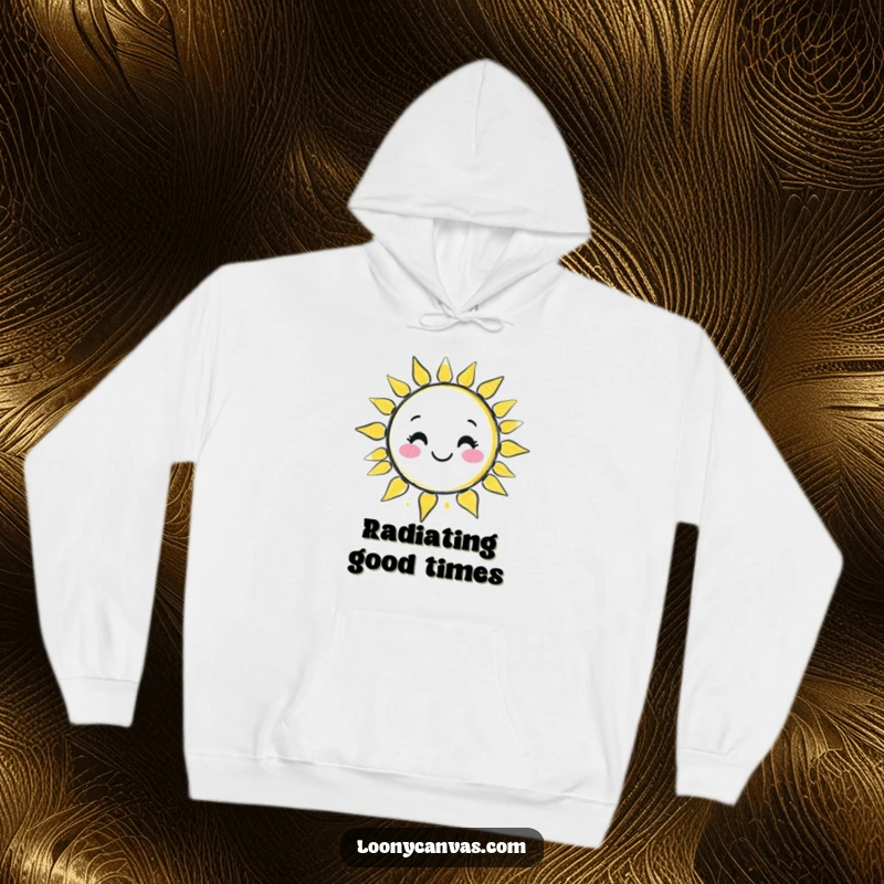 Funny kawaii chalk character drawing a wobbly, smiling sun on a soft hoodie, perfect for cheerful souls.