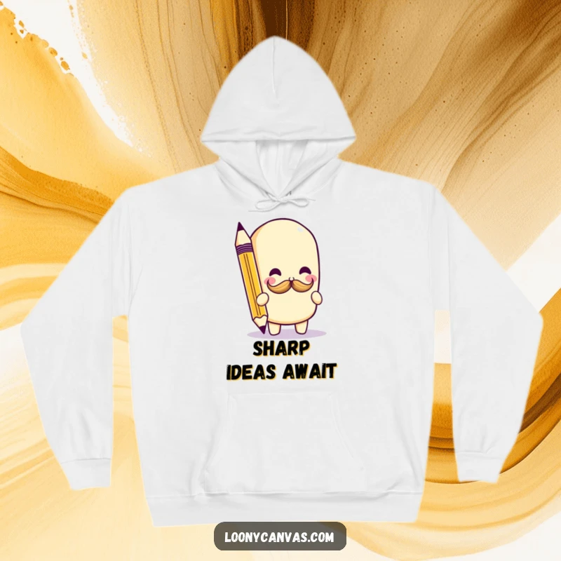 Funny kawaii pencil character adding a tiny mustache doodle, showcased on a soft and warm hoodie, perfect for artists.