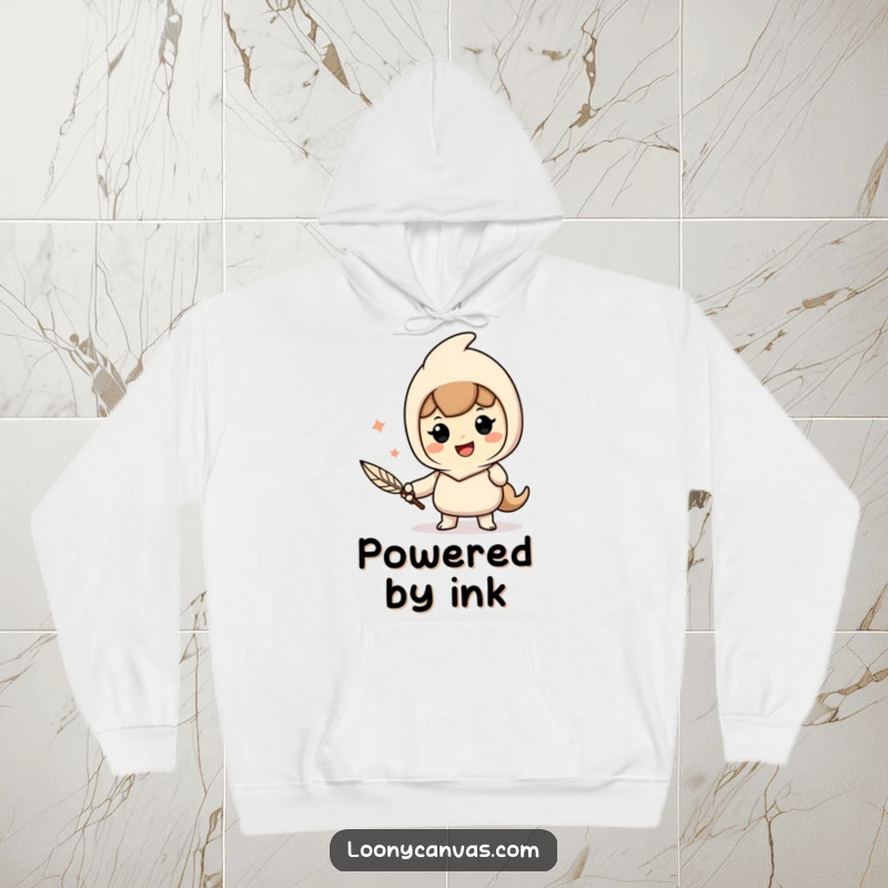 Funny hoodie showing a cheerful character enthusiastically writing with a quill pen, evoking a love for literature.