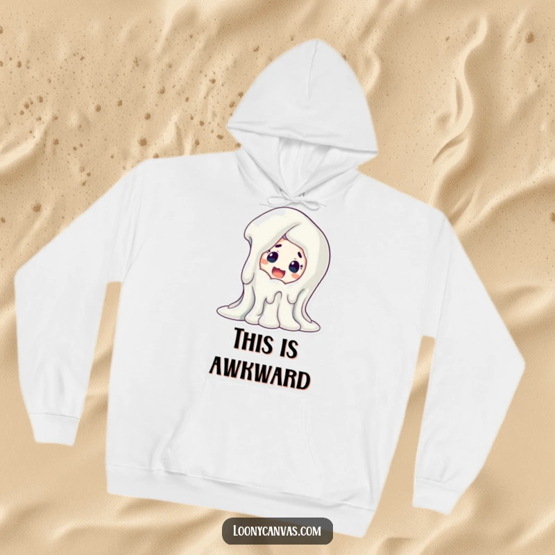 Funny melting sculpture hoodie, a surprised character's expression at a dripping art installation. Warm and whimsical.