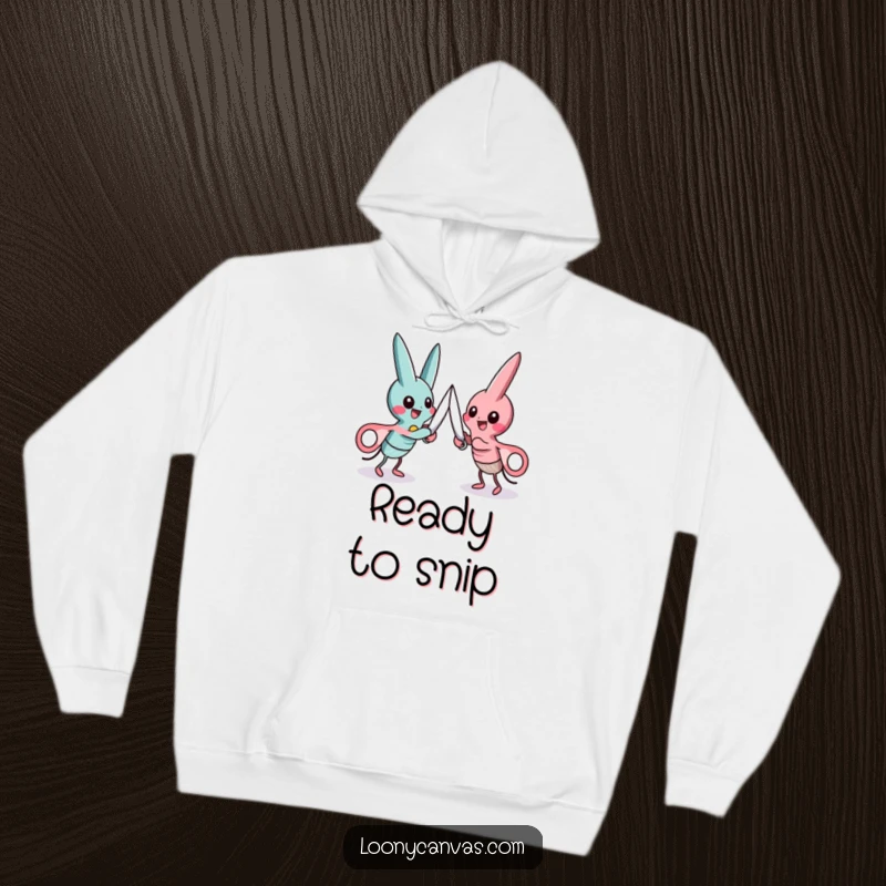 Funny hoodie illustrating a playful duel between two scissor characters, blades crossed in mock combat.