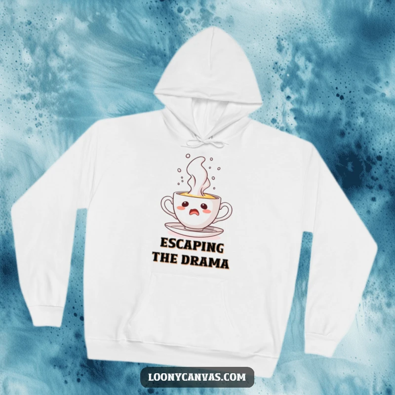 Funny hoodie featuring a startled teacup character with steam erupting like a powerful geyser, symbolizing explosive surprise.