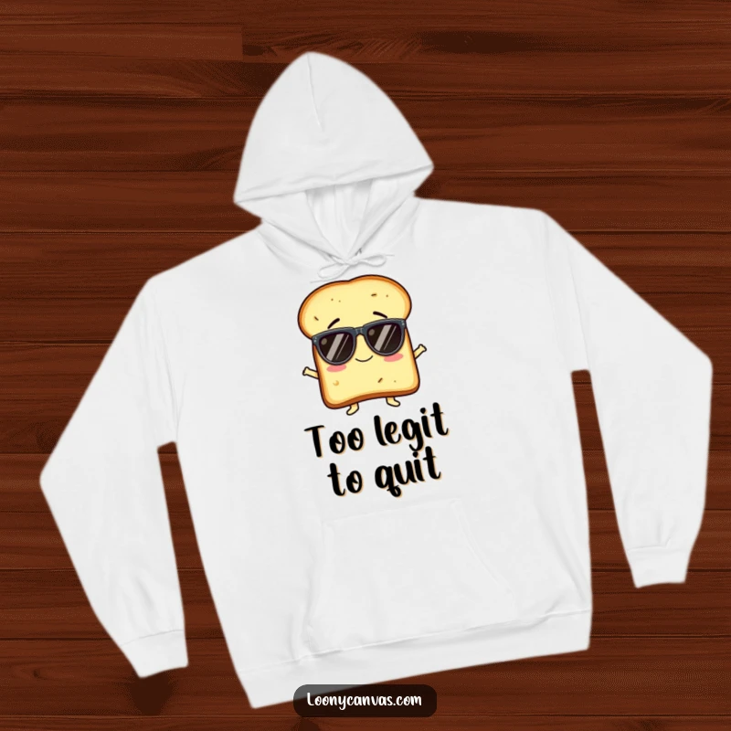 Funny hoodie featuring a giggling slice of toast character trying to wear ridiculously oversized sunglasses, looking absolutely delighted and silly.