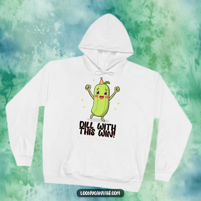Funny hoodie featuring a triumphant pickle character doing a jubilant victory dance, embodying pure celebration and accomplishment.