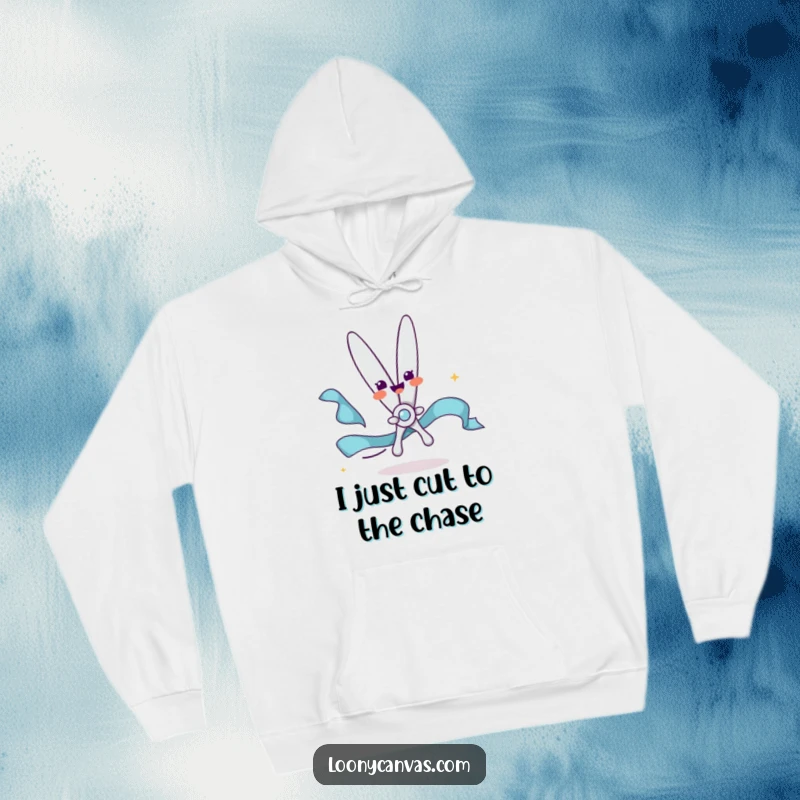 Funny hoodie showcasing a delighted scissors character happily cutting a flowing ribbon, ideal for cozy crafters and humor enthusiasts.