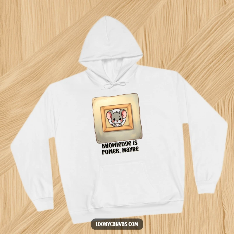 Funny mouse character peeking through a keyhole in a painting, this cozy hoodie is a funny gift for the curious.