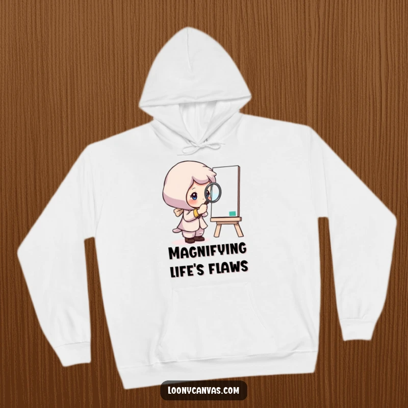 Funny hoodie showing a curious character studying a canvas with a magnifying glass, ideal for art enthusiasts and thinkers.
