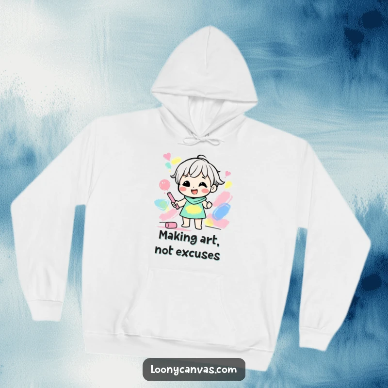 Funny hoodie featuring a gleeful character creating abstract shapes with colored chalk, perfect for artistic comfort.