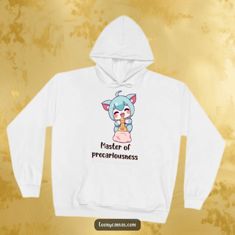 Funny hoodie depicting a delighted character with intense focus, balancing a small sculpture, ideal for art enthusiasts and humor lovers.